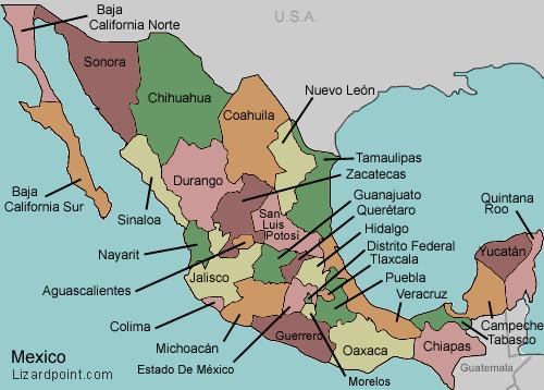 Map of states of Mexico - Map states of Mexico (Central America - Americas)