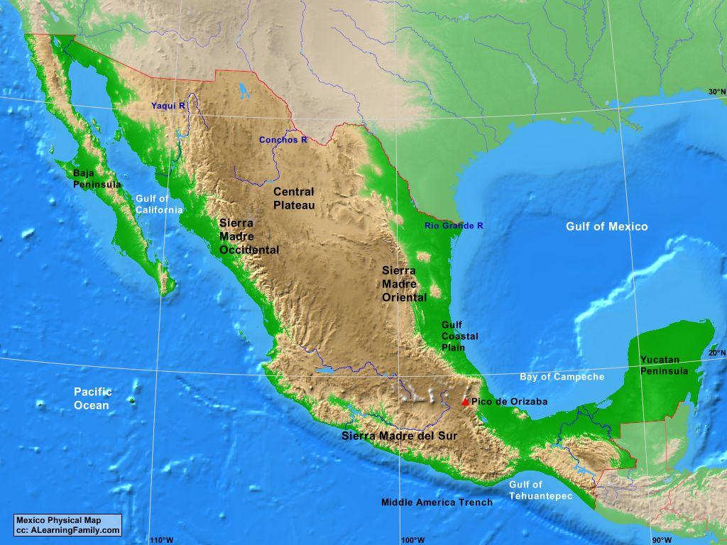 mexico-landforms-map-map-of-mexico-landforms-central-america-americas