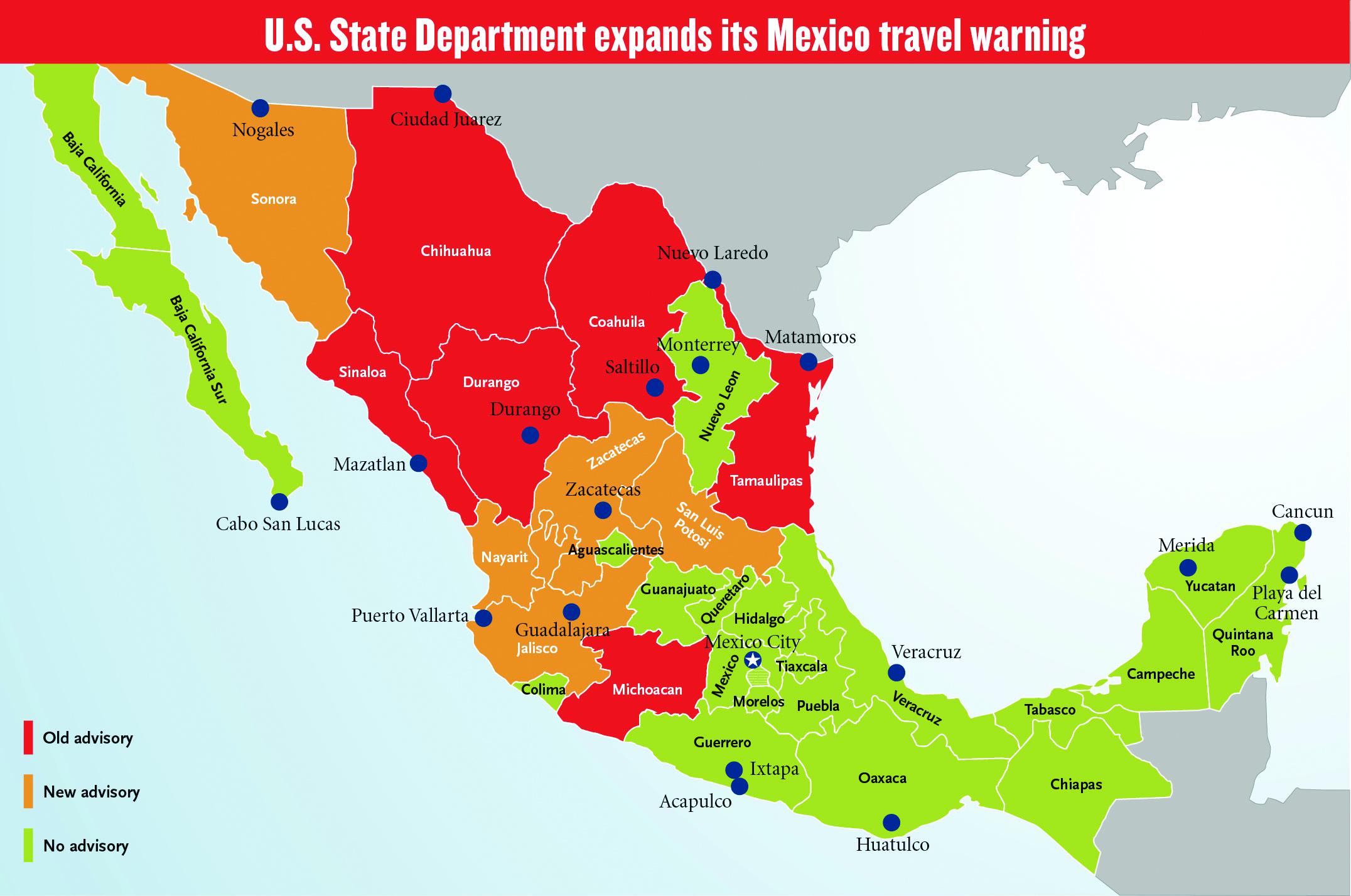 Mexico travel warning map - Mexico travel advisory map (Central America