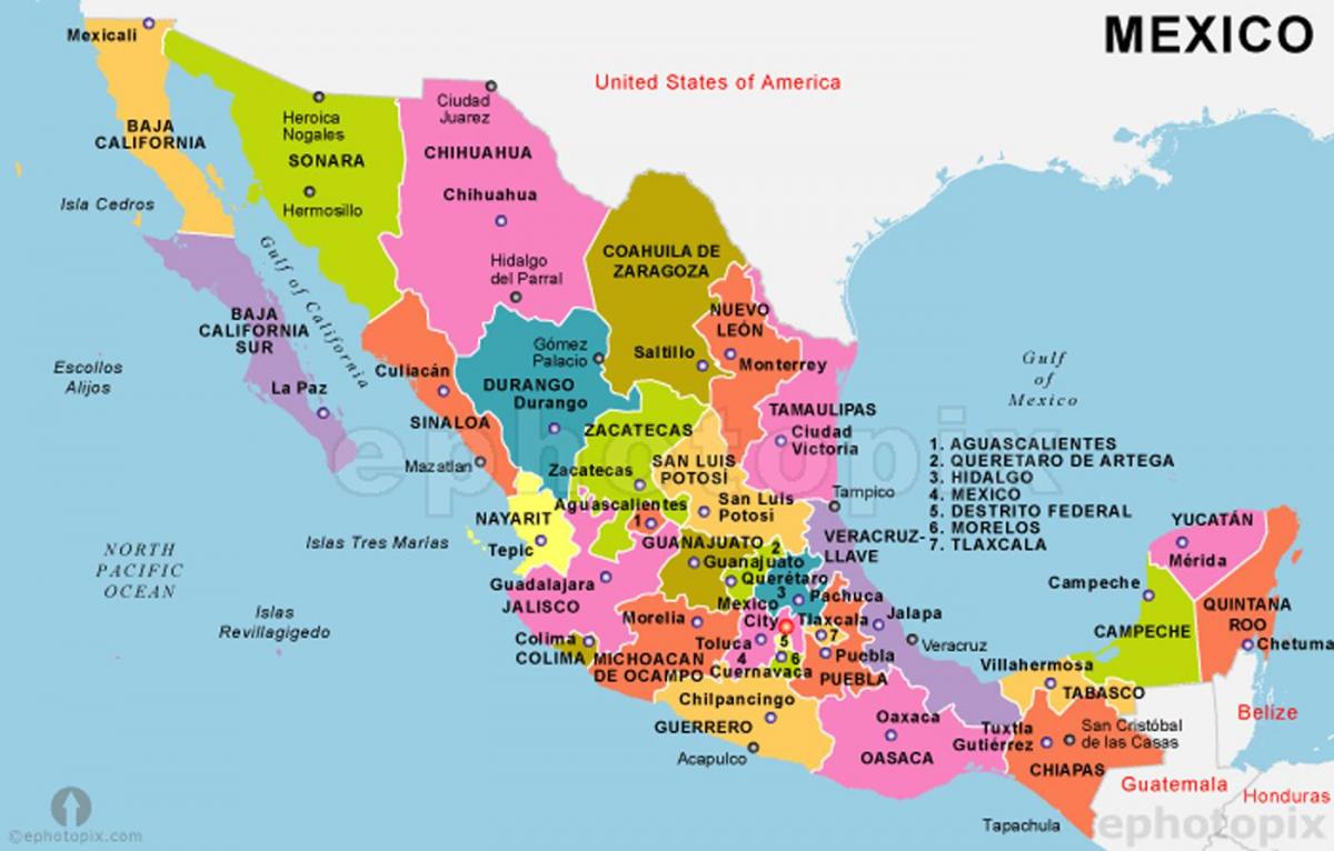 Mexico map with states and capitals