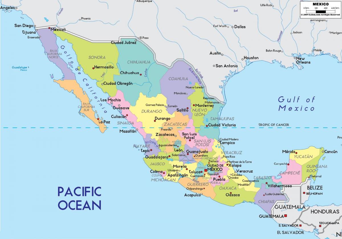 map of Mexico with states and cities