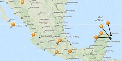 Map of vacation spots in Mexico